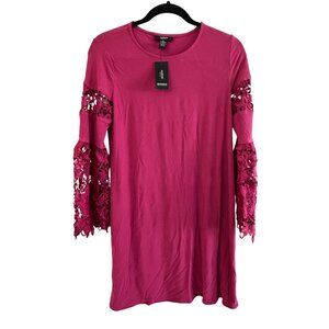 Alfani Petite Fuchsia Dress With Floral Lace Bell Sleeves Womens 4P Polyester &
